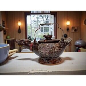 Vintage Duck Teapot | Japanese Redware | 1950's | Lid & Wire Handle